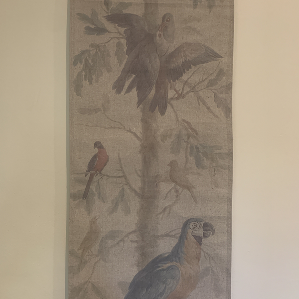 Wall Hanging Scroll, Print on Fabric Unique Vintage Parrot Blue Birdlife up close of middle of scroll