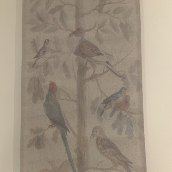 Wall Hanging Scroll, Print on Fabric Unique Vintage Parrot Red Birdlife up close of scroll detail