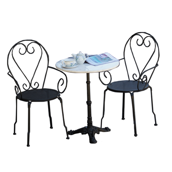Outdoor patio setting Bella, marble top and cast iron base with 2 chairs with arms in black
