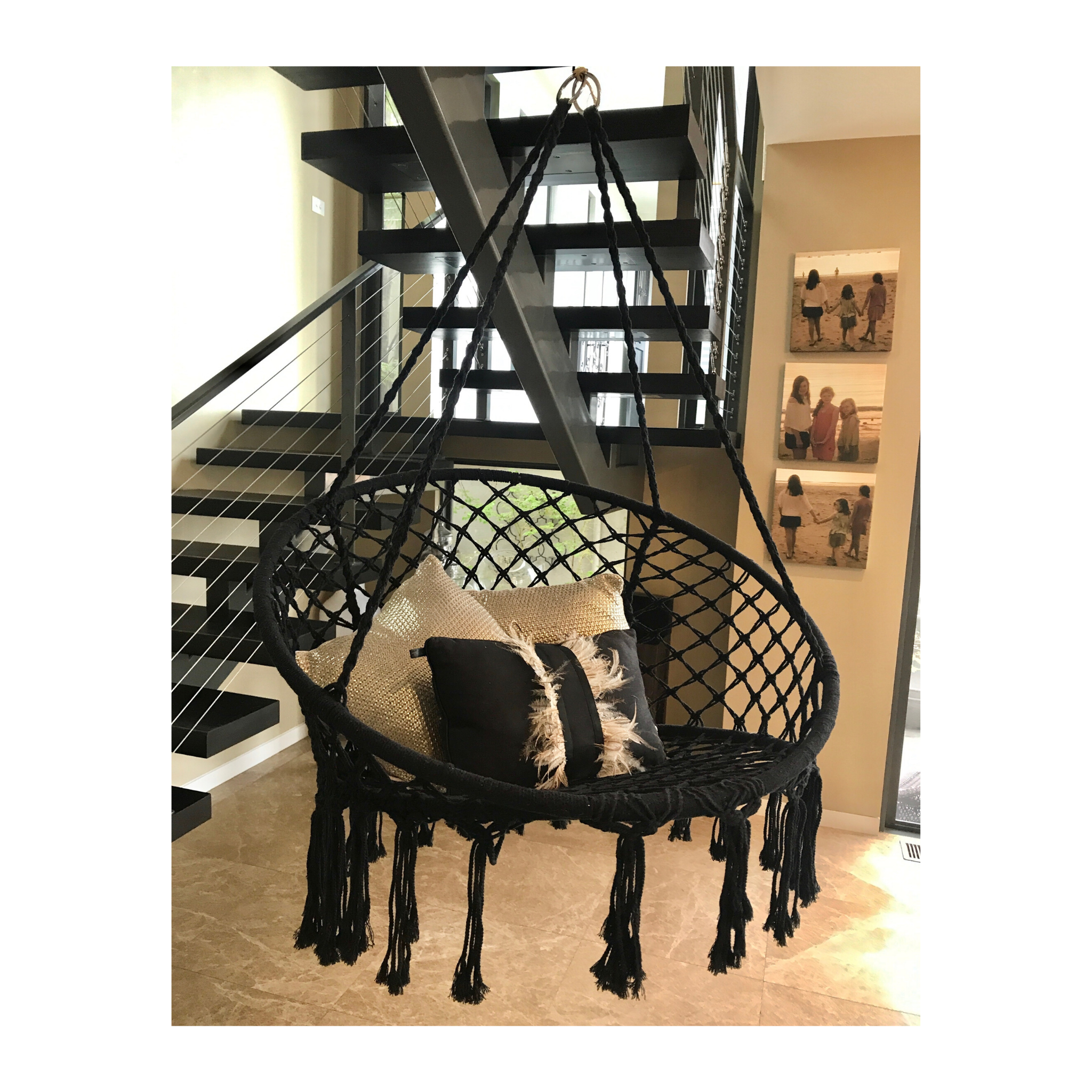 Macrame Hanging chair. Made from woven black cotton,