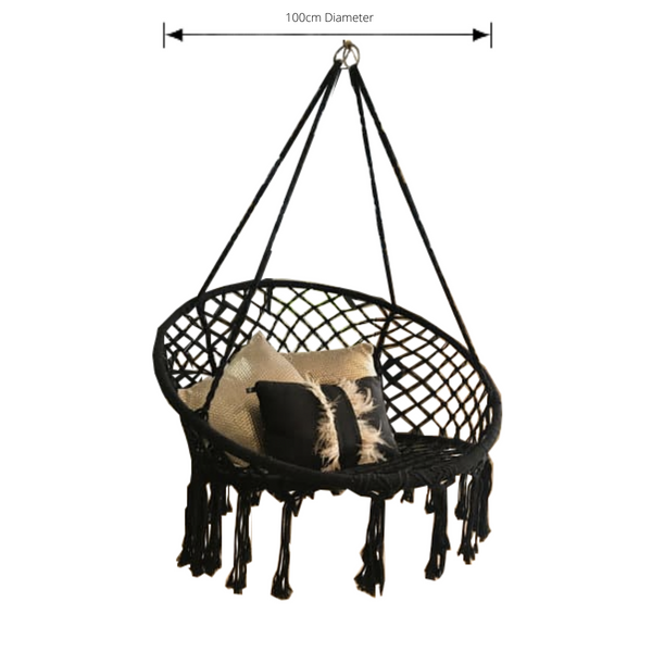 Macrame Hanging chair. Made from woven black cotton, pictured with dimensions