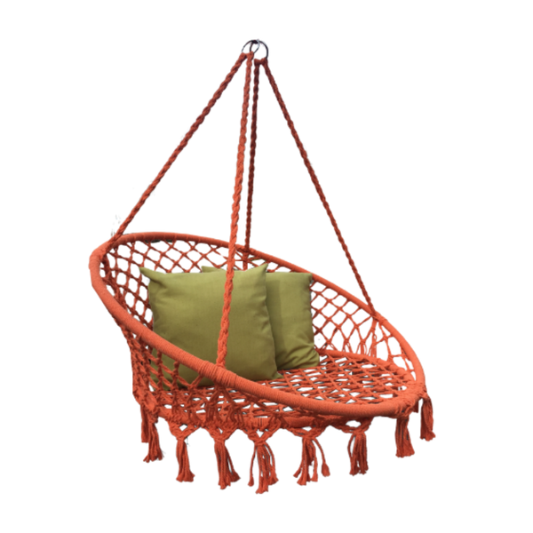 Macrame Hanging chair. Made from woven orange  cotton,