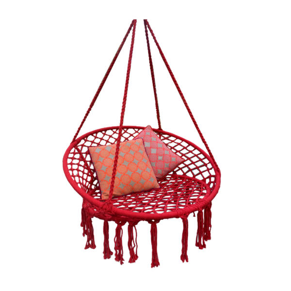 Macrame Hanging chair. Made from woven raspberry coloured cotton,