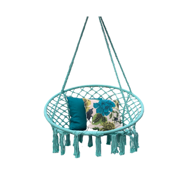 Macrame Hanging chair. Made from woven spearmint coloured cotton,