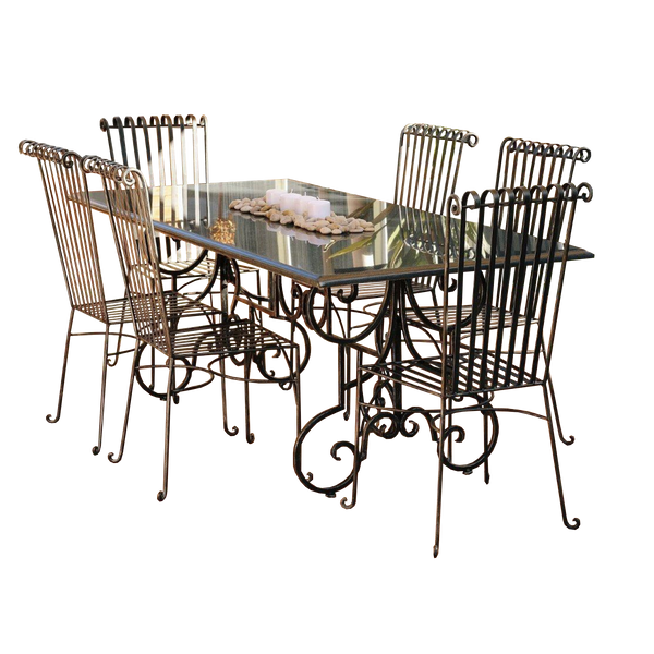 Outdoor Dining setting made from natural stone- Granite, 6 wrought iron dining chairs- Emily style and solid iron table base.