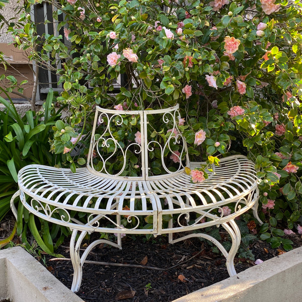 Half Tree Surround with Bench Seat, Distressed Antique White, Heavy Gauge Iron