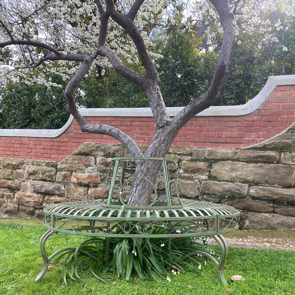 Tree Surround with Bench - Distressed Green Finish, Heavy Gauge Iron