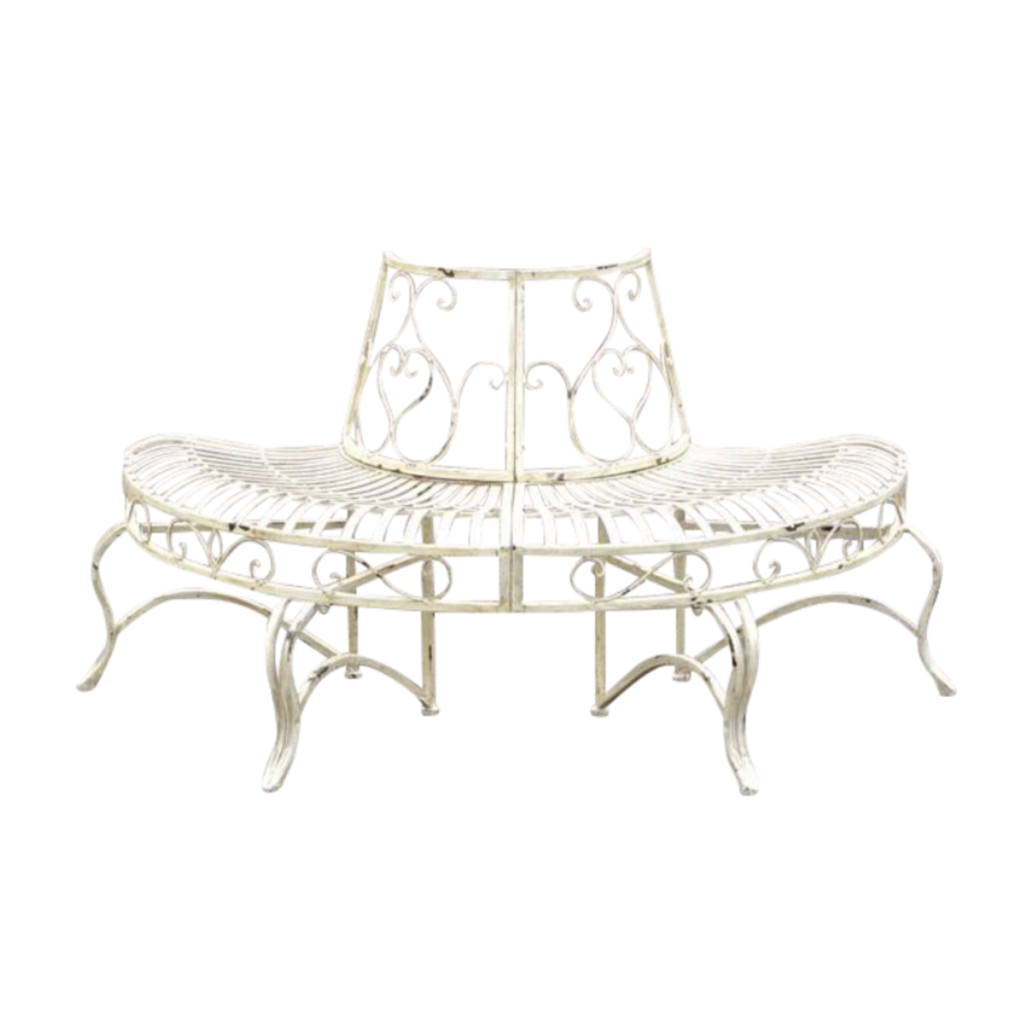 Tree surround half, with bench, in distressed white finish, made from sturdy metal