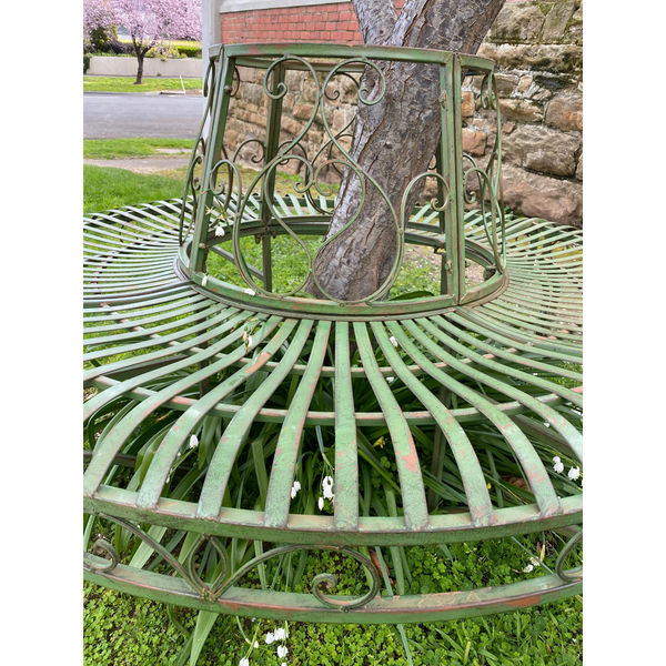 Tree Surround with Bench - Distressed Green Finish, Heavy Gauge Iron