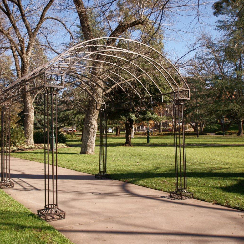 Outdoor Garden Arbour, Gazebo, Arch 3m x 3m made in rusty finish. Pictured in garden setting