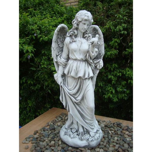 Statue - Tall Lady Angel Holding Bird in the garden