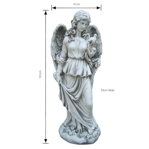 Statue - Tall Lady Angel Holding Bird with dimensions