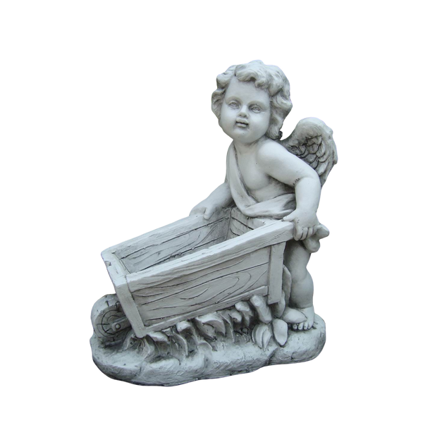 Statue Angel Cherub Wheelbarrow Cart Planter Sculpture Figurine Ornament Feature Garden Decor 43X25X52cm