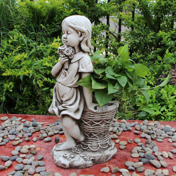Statue Girl Flower Pot Sculpture Figurine Ornament Feature Garden Decor 34X24X68cm