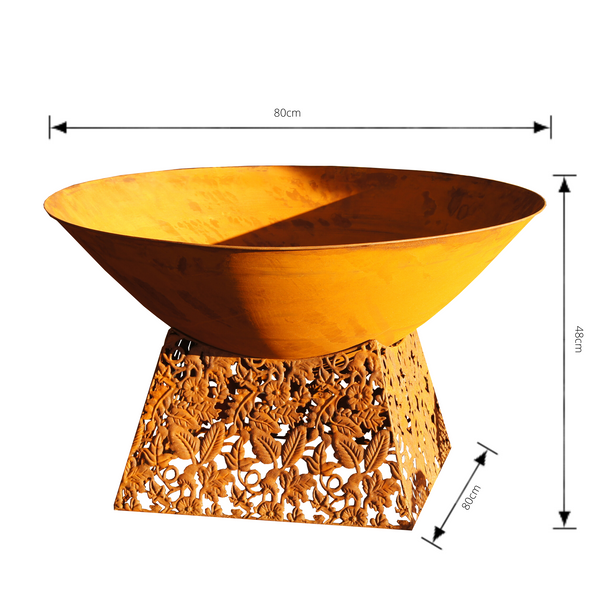 rusty metal fire bowl with laser cut base with dimensions