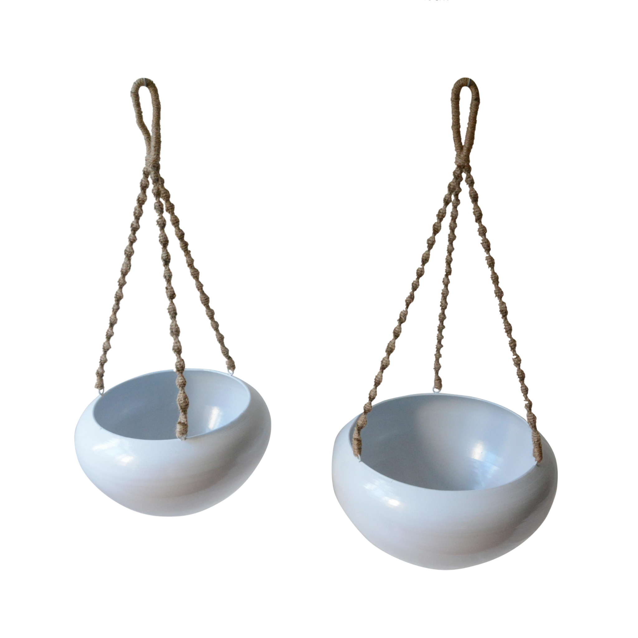 Set of 2 Indoor/Outdoor Metal Hanging Pot Planter with Rope - White