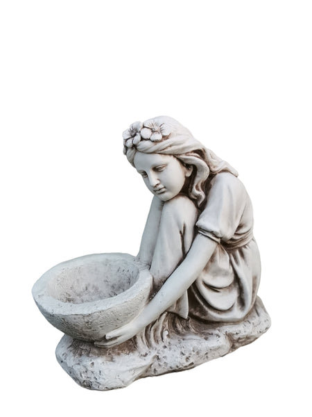 Statue Girl Sitting Holding Bird Feeder