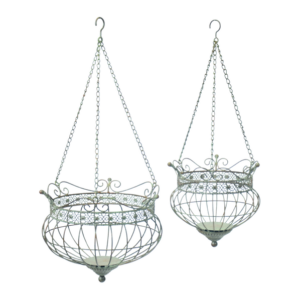 Hanging Baskets Set 2 Rustic Antique Green  37x37x82cm28x28x70cm