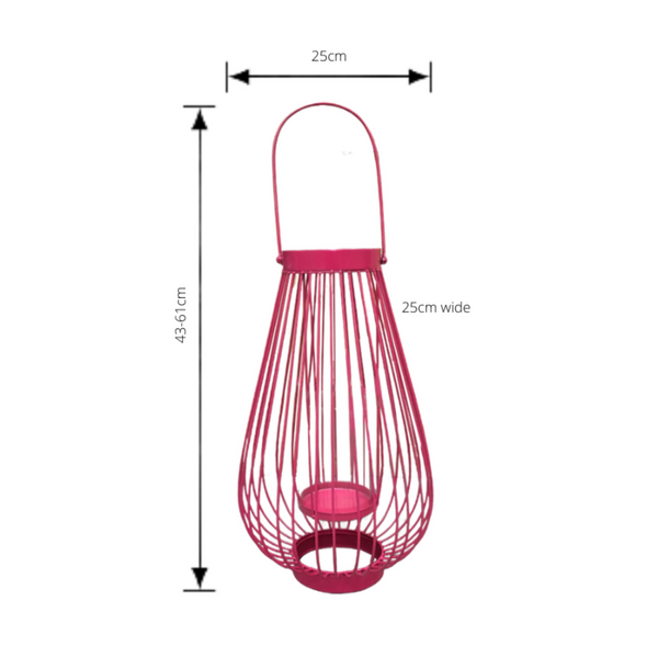 Metal Lantern Candle Holder - Hot Pink  with dimensions