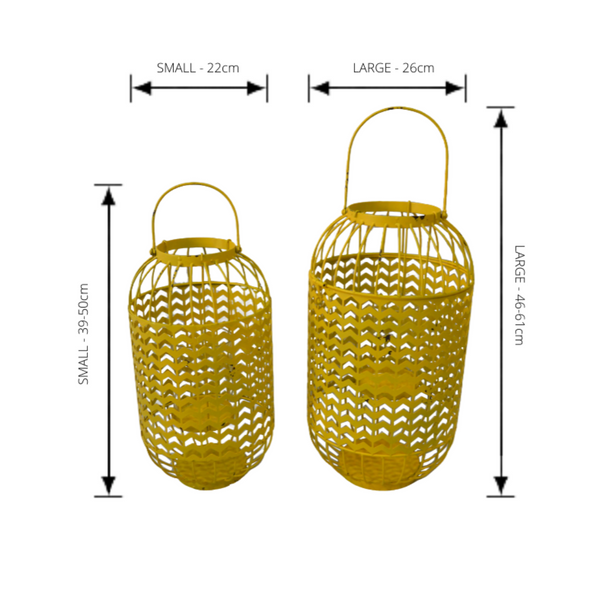 Set of 2, Metal Lantern Candle Holders - Yellow  with dimensions
