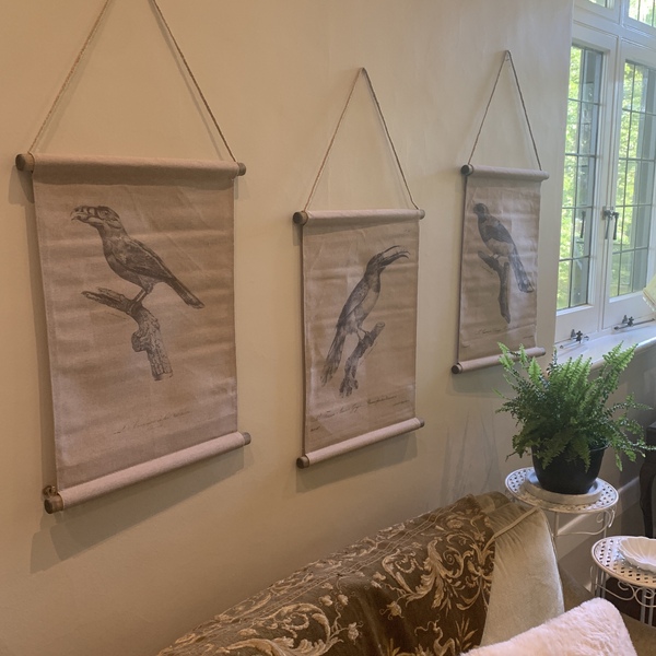Wall Hanging Scroll, Print on Fabric Unique Vintage Birdlife B hanging with two other scrolls