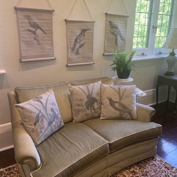 Wall Hanging Scroll, Print on Fabric Unique Vintage Birdlife B hanging with two other scrolls