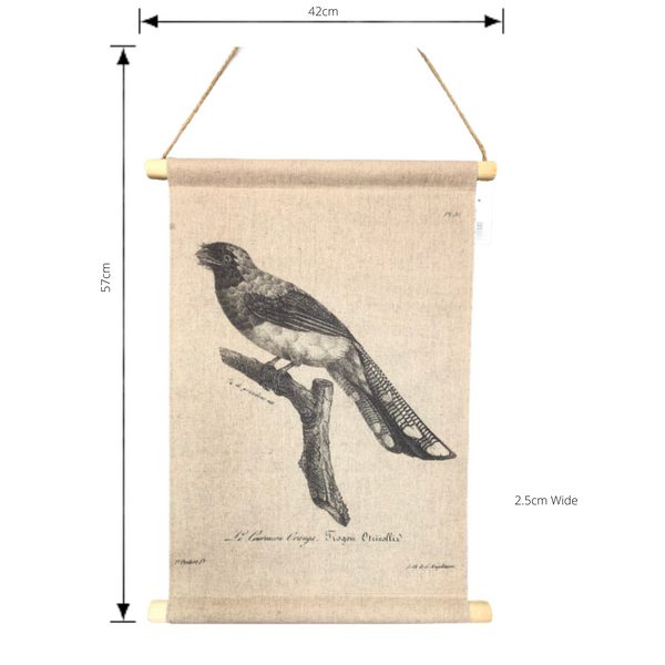 Wall Hanging Scroll, Print on Fabric Unique Vintage Birdlife A with dimensions