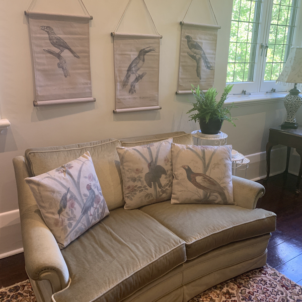 Wall Hanging Scroll, Print on Fabric Unique Vintage Birdlife C hanging on the wall inside with pillows on the couch