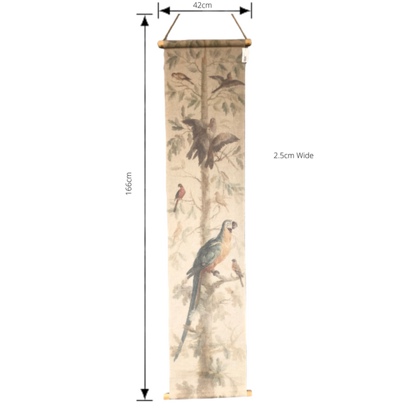 Wall Hanging Scroll, Print on Fabric Unique Vintage Parrot Blue Birdlife with dimensions