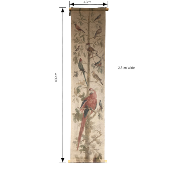 Wall Hanging Scroll, Print on Fabric Unique Vintage Parrot Red Birdlife with dimensions