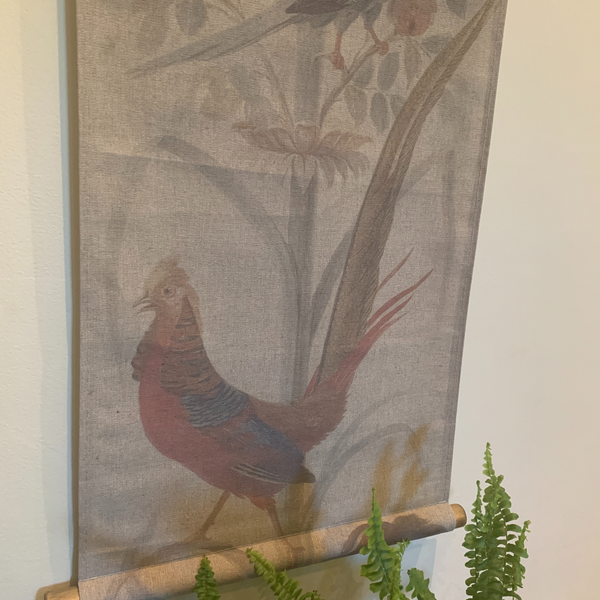 Wall Hanging Scroll, Print on Fabric Unique Vintage Crested Pheasant Birdlife up close bottom of the scroll