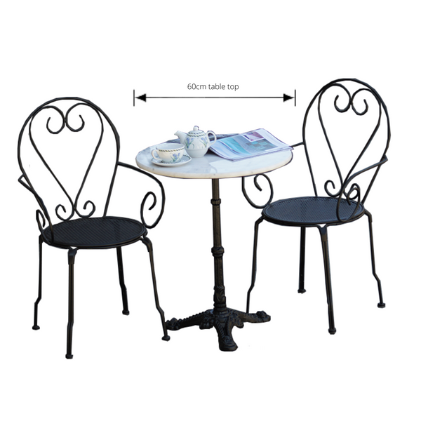 Outdoor patio setting Bella, marble top and cast iron base with 2 chairs with arms in black. Pictured with dimensions