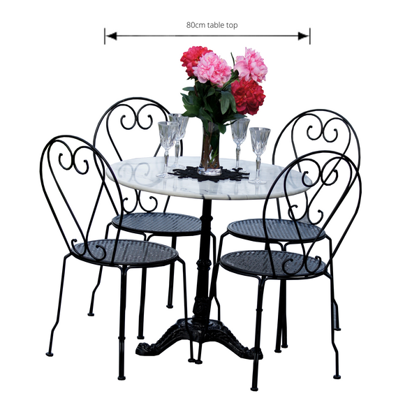 Outdoor patio setting Bella, marble top and cast iron base with 4 chairs in black. Pictured with dimensions