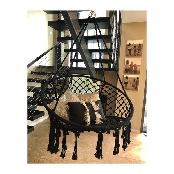 Macrame Hanging chair. Made from woven black cotton, 