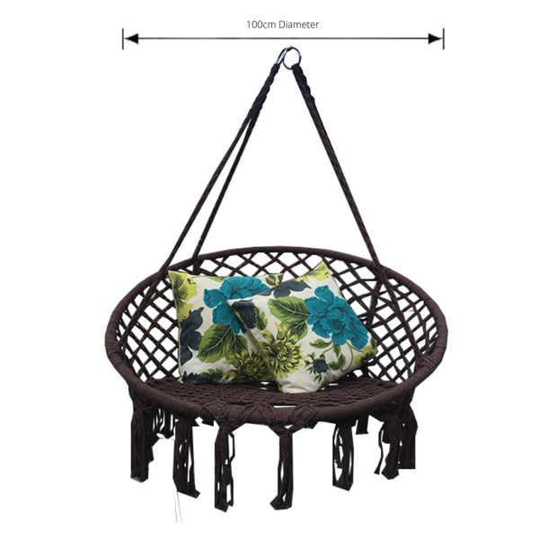 Macrame Hanging chair. Made from woven coffee coloured cotton, pictured with dimensions