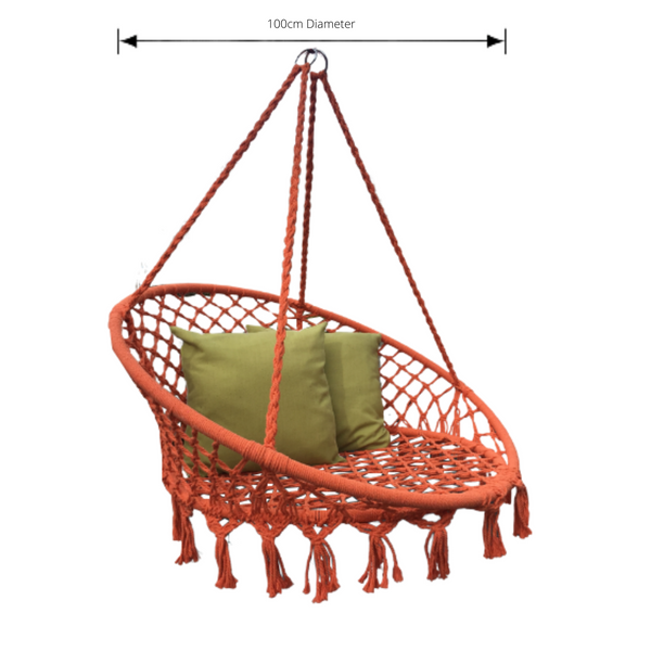 Macrame Hanging chair. Made from woven orange cotton, pictured with dimensions
