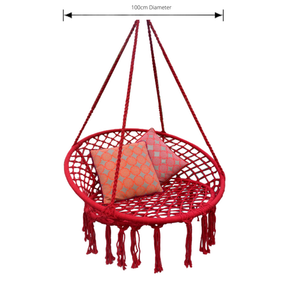 Macrame Hanging chair. Made from woven raspberry coloured  cotton, pictured with dimensions