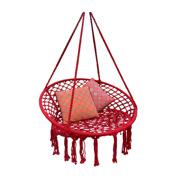 Macrame Hanging chair. Made from woven raspberry coloured  cotton,