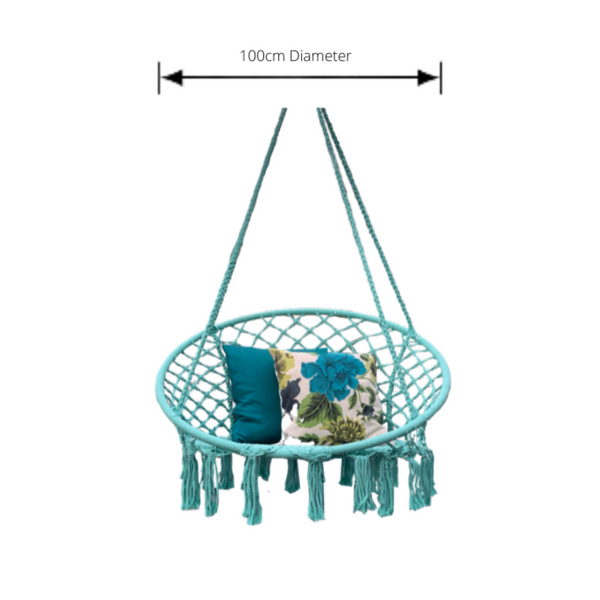 Macrame Hanging chair. Made from woven spearmint coloured  cotton, pictured with dimensions