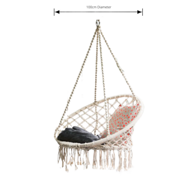 Macrame Hanging chair. Made from woven white  cotton, pictured with dimensions