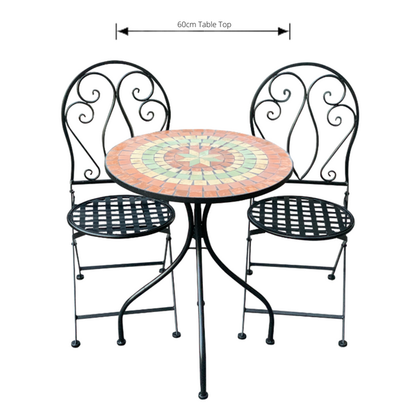 Patio Setting - Mosaic Capri, Metal 3 Piece Outdoor Setting with dimensions