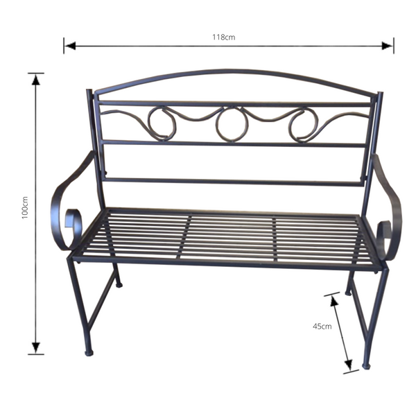 Outdoor Black metal Eden garden bench  with dimensions