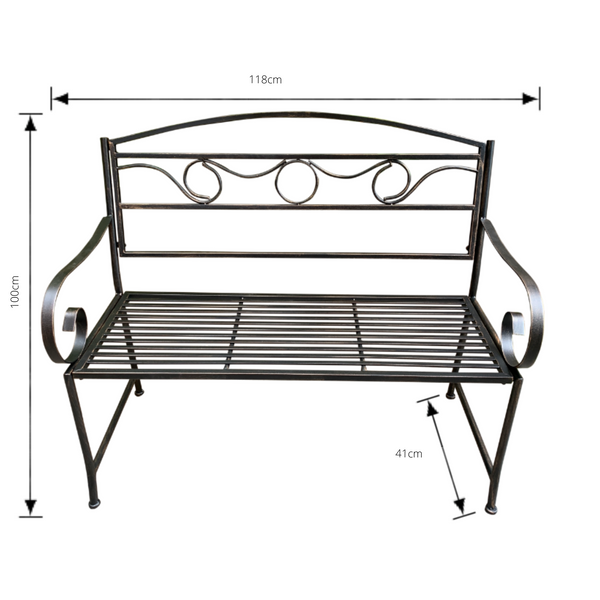 Outdoor Bronze/Black metal Eden garden bench with dimensions