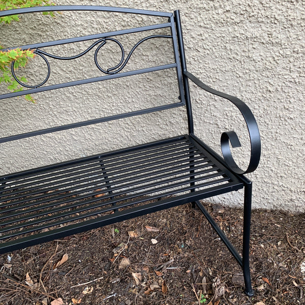 Outdoor Black metal Eden garden bench close up of arm 