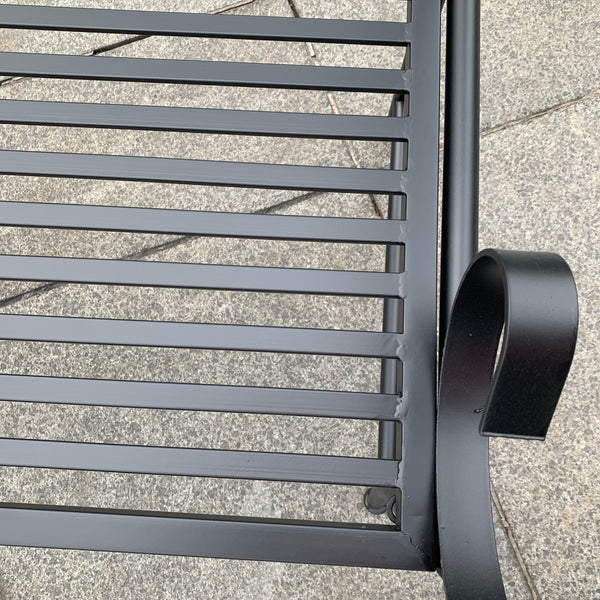 Outdoor Black metal Eden garden bench  close up of seat