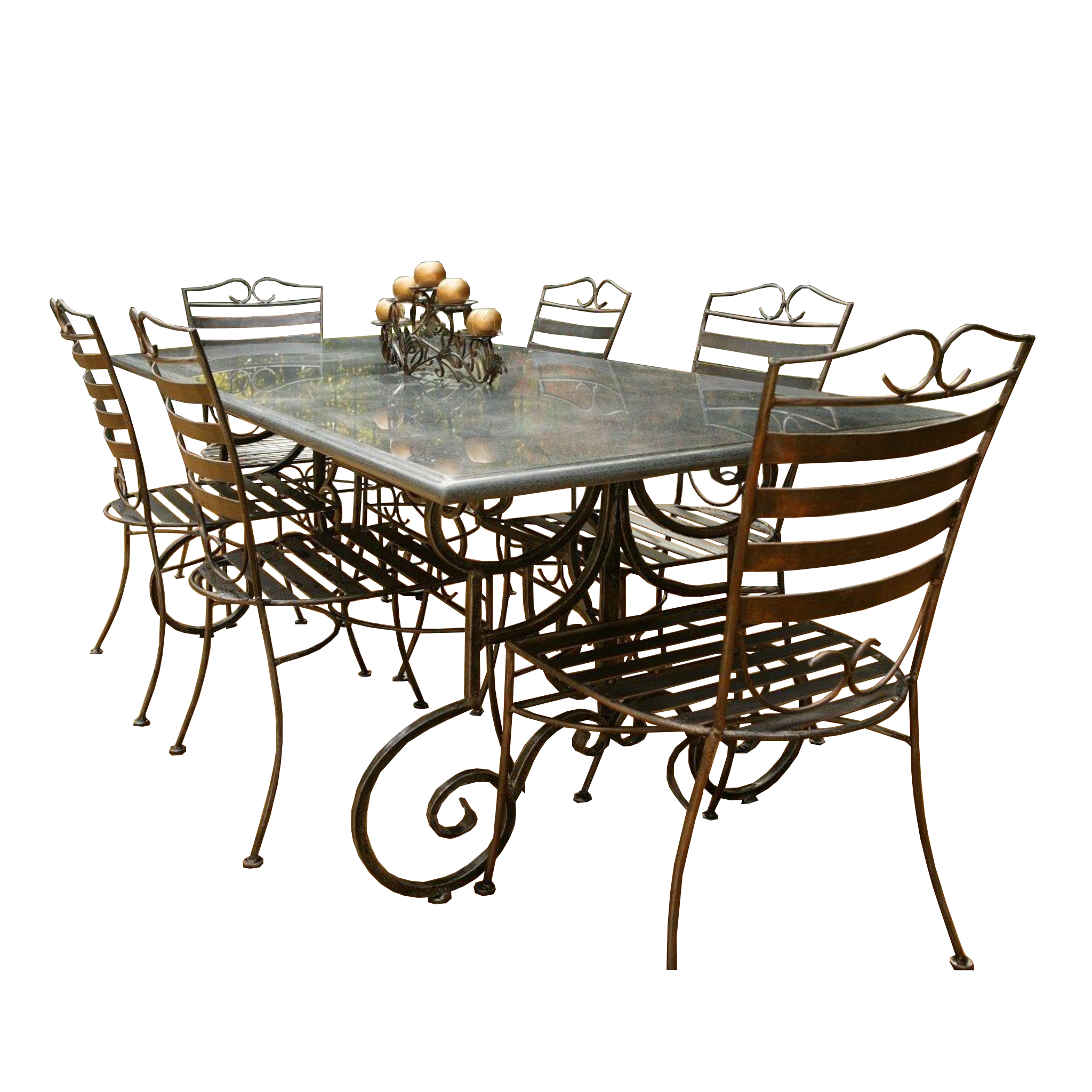 Outdoor Dining setting made from natural stone- Granite, 6 wrought iron dining chairs- dinner chair style, and solid iron table base