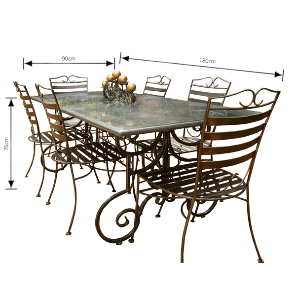 Outdoor Dining Granite Stone Table Setting 1.8m Wrought Iron Base 6x DC Chairs (Available ONLY  in Speckled Granite re picture in Description)