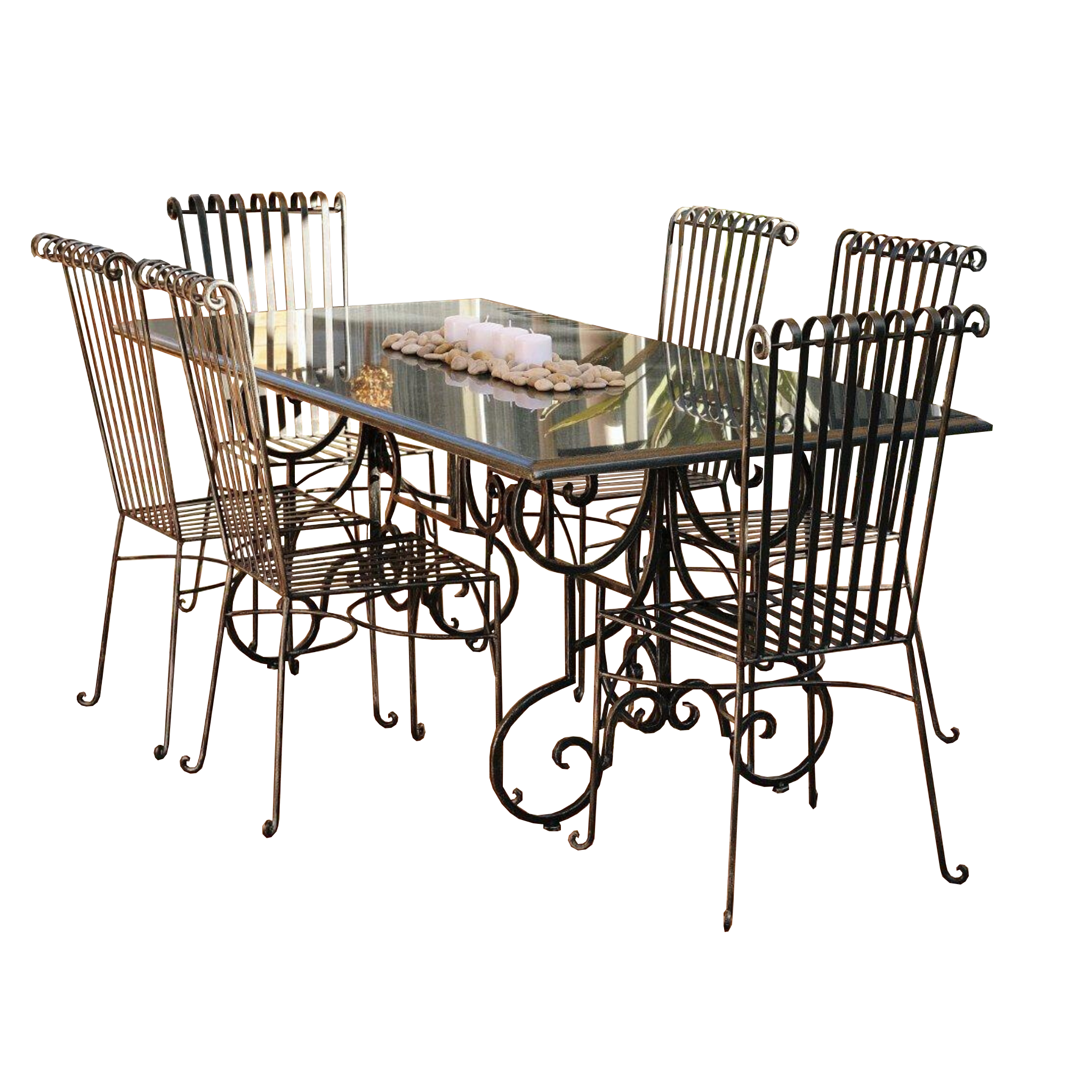 Outdoor Dining setting made from natural stone- Granite, 6 wrought iron dining chairs- Emily style and solid iron table base. 