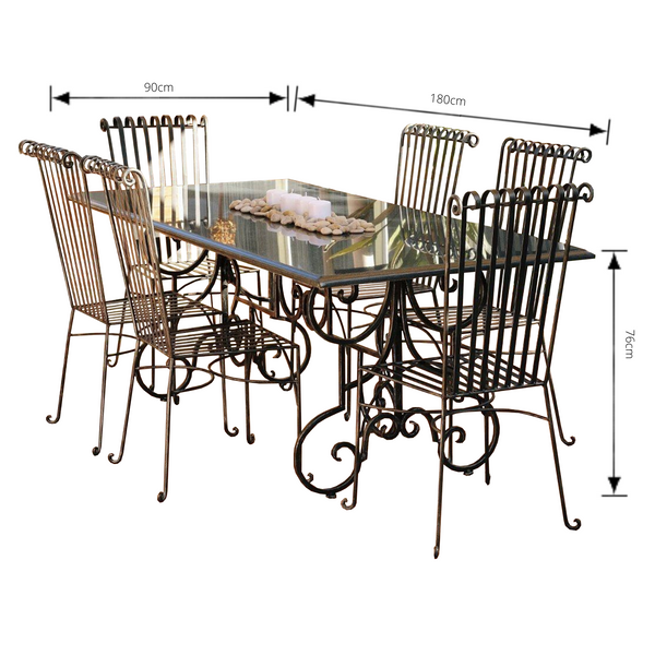 Outdoor Dining Granite Stone Table Setting 1.8m Wrought Iron Base 6x Emily Chairs (Available ONLY in Speckled Granite re picture in Description)