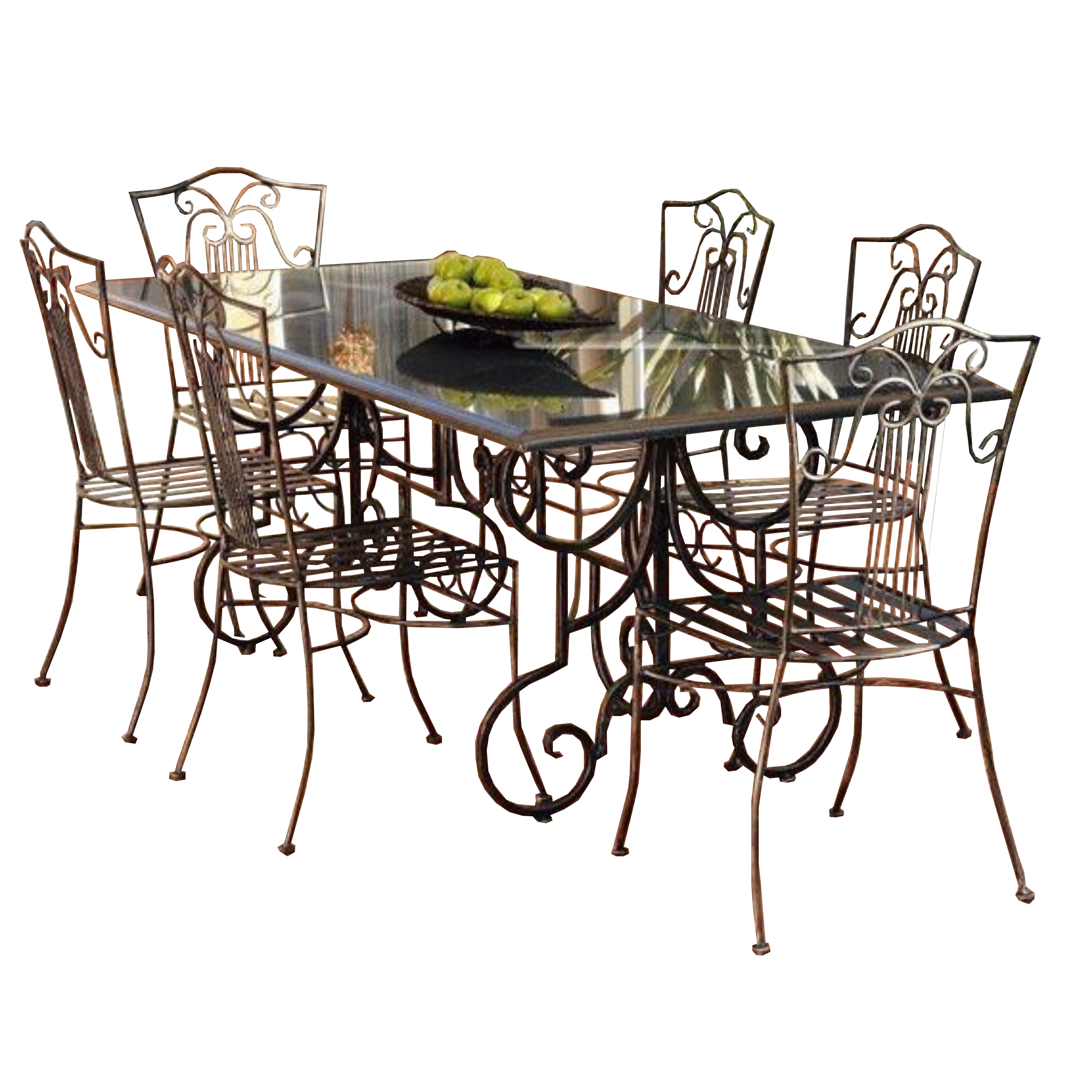 Outdoor Dining setting made from natural stone- Granite, 6 wrought iron dining chairs- Sophie style and solid iron table base. 